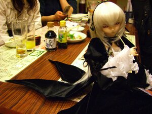 Rating: Safe Score: 0 Tags: 1girl bangs black_dress bottle doll dress frills indoors long_sleeves red_eyes solo suigintou white_hair User: admin