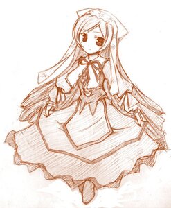 Rating: Safe Score: 0 Tags: 1girl blush dress full_body image long_hair long_sleeves looking_at_viewer monochrome puffy_sleeves simple_background solo standing suiseiseki very_long_hair white_background User: admin