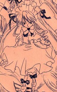 Rating: Safe Score: 0 Tags: 1girl bowtie dress frills hat image long_hair long_sleeves looking_at_viewer monochrome shinku simple_background solo traditional_media User: admin