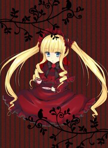Rating: Safe Score: 0 Tags: 1girl blonde_hair blue_eyes blush bow cup dress drill_hair flower holding_cup image long_hair looking_at_viewer red_dress saucer shinku sitting solo tea teacup twintails very_long_hair User: admin