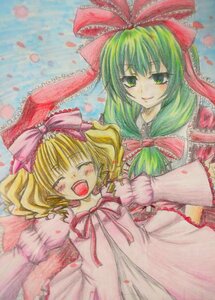 Rating: Safe Score: 0 Tags: 2girls animi6 blonde_hair blue_background blush bow closed_eyes colored_pencil_(medium) commentary_request crossover dress drill_hair frills front_ponytail green_eyes green_hair hair_ribbon hina_ichigo hinaichigo image juliet_sleeves kagiyama_hina long_hair long_sleeves looking_at_viewer multiple_girls namesake open_mouth petals pink_bow puffy_sleeves ribbon rose_petals rozen_maiden short_hair smile solo touhou traditional_media twin_drills twintails User: admin