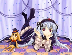 Rating: Safe Score: 0 Tags: 1girl chain chained cuffs dress flower frills hairband handcuffs hat image lolita_fashion long_hair long_sleeves looking_at_viewer lying on_stomach petals pocket_watch red_eyes rose rose_petals solo suigintou top_hat wings User: admin