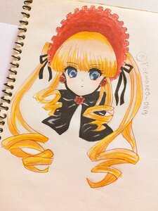 Rating: Safe Score: 0 Tags: 1girl bangs black_ribbon blonde_hair blue_eyes bonnet bow drill_hair eyebrows_visible_through_hair flower image long_hair looking_at_viewer marker_(medium) ringlets rose shinku simple_background solo traditional_media twin_drills twintails white_background User: admin