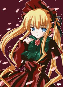 Rating: Safe Score: 0 Tags: 1girl blonde_hair blue_eyes bow bowtie dress flower green_bow image long_hair long_sleeves looking_at_viewer petals pink_flower red_dress rose rose_petals shinku simple_background solo twintails User: admin