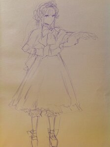 Rating: Safe Score: 0 Tags: 1girl bangs bow brown_background capelet closed_mouth dress eyebrows_visible_through_hair full_body hairband image long_hair long_sleeves looking_at_viewer monochrome shinku shoes sketch solo standing wide_sleeves User: admin