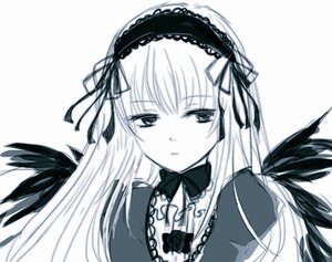 Rating: Safe Score: 0 Tags: 1girl bangs black_wings closed_mouth expressionless feathers frills hairband image long_hair looking_at_viewer monochrome ribbon simple_background solo suigintou upper_body white_background wings User: admin