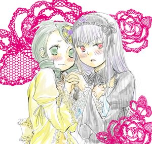 Rating: Safe Score: 0 Tags: 2girls blush dress frills green_eyes hairband holding_hands image interlocked_fingers kanaria long_hair long_sleeves looking_at_viewer multiple_girls pair rose silver_hair suigintou yuri User: admin