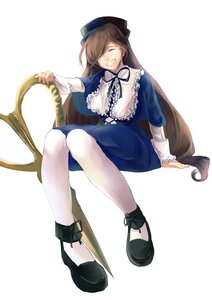 Rating: Safe Score: 0 Tags: 1girl brown_hair closed_eyes costume_switch dress frills grin hat image long_hair long_sleeves pantyhose shoes sitting skirt smile solo very_long_hair white_legwear User: admin