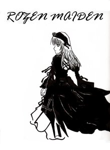 Rating: Safe Score: 0 Tags: 1girl closed_mouth dress frills greyscale hairband image long_hair long_sleeves looking_at_viewer monochrome solo standing suigintou white_background User: admin