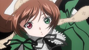 Rating: Safe Score: 0 Tags: 1girl :o black_ribbon brown_hair dress frills green_dress green_eyes hat image long_sleeves looking_at_viewer red_eyes ribbon simple_background solo suiseiseki User: admin