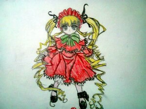 Rating: Safe Score: 0 Tags: 1girl blonde_hair blue_eyes bonnet bow bowtie dress image long_hair long_sleeves looking_at_viewer photo red_dress shinku shoes solo standing traditional_media twintails User: admin