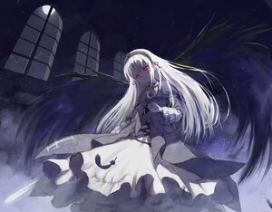 Rating: Safe Score: 0 Tags: 1girl black_wings dress feathers frills hairband holding image long_hair long_sleeves moon night red_eyes rozen_maiden shiden_(t41xz) sky solo suigintou sword very_long_hair weapon white_hair wings User: admin