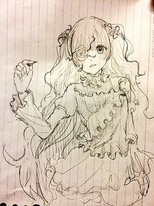 Rating: Safe Score: 0 Tags: 1girl dress eyepatch flower frills hair_flower hair_ornament image kirakishou long_hair long_sleeves looking_at_viewer monochrome rose solo two_side_up User: admin