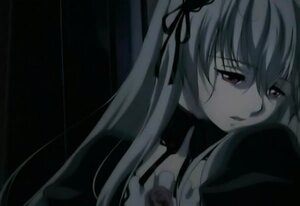 Rating: Safe Score: 0 Tags: 1girl dress hair_ribbon image long_hair long_sleeves looking_at_viewer monochrome parted_lips ribbon simple_background solo suigintou upper_body User: admin