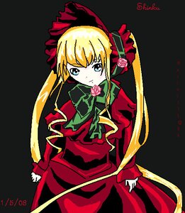 Rating: Safe Score: 0 Tags: 1girl black_background blonde_hair blue_eyes bonnet bow bowtie cowboy_shot dated dress flower green_bow green_neckwear image long_hair long_sleeves looking_at_viewer red_dress rose shinku simple_background solo twintails User: admin