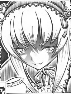 Rating: Safe Score: 0 Tags: 1girl close-up eyebrows_visible_through_hair face greyscale image lolita_hairband looking_at_viewer maid_headdress monochrome smile solo suigintou User: admin