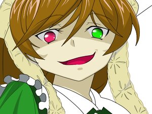 Rating: Safe Score: 0 Tags: 1girl apron braid brown_hair close-up dress green_dress green_eyes image looking_at_viewer open_mouth smile solo suiseiseki User: admin