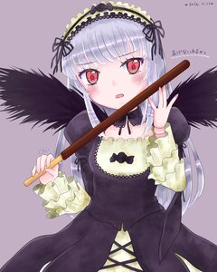 Rating: Safe Score: 0 Tags: 1girl black_wings blush dated dress frilled_sleeves frills hairband holding image lolita_fashion lolita_hairband long_hair long_sleeves looking_at_viewer open_mouth red_eyes ribbon simple_background solo suigintou twitter_username wings User: admin
