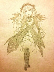 Rating: Safe Score: 0 Tags: 1girl boots dress feathered_wings full_body hairband image long_hair long_sleeves looking_at_viewer monochrome simple_background smile solo standing suigintou traditional_media wings User: admin