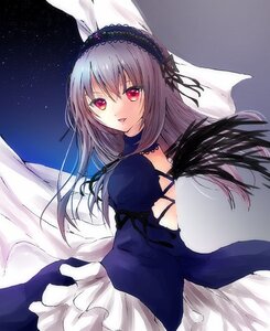 Rating: Safe Score: 0 Tags: 1girl black_wings dress feathered_wings frills hairband image long_hair long_sleeves looking_at_viewer red_eyes silver_hair sky solo star_(sky) suigintou wings User: admin
