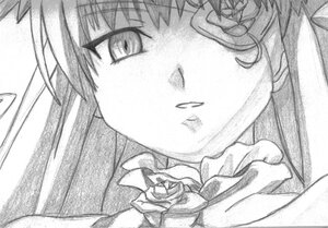 Rating: Safe Score: 0 Tags: 1girl barasuishou face flower greyscale image long_hair monochrome rose solo traditional_media User: admin