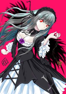 Rating: Safe Score: 0 Tags: 1girl breasts cleavage dress flower frills gothic_lolita hairband image lolita_fashion long_hair long_sleeves looking_at_viewer red_background red_eyes red_flower ribbon rose silver_hair solo suigintou User: admin