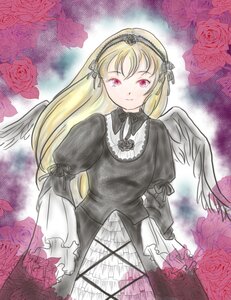 Rating: Safe Score: 0 Tags: 1girl black_flower black_rose blonde_hair blue_rose dress flower hairband image lolita_fashion long_hair long_sleeves looking_at_viewer pink_eyes pink_flower pink_rose purple_rose red_flower red_rose ribbon rose rose_petals smile solo suigintou thorns traditional_media wings User: admin