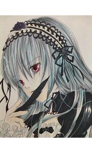 Rating: Safe Score: 0 Tags: 1girl black_ribbon dress frills hairband image long_hair long_sleeves looking_at_viewer red_eyes ribbon silver_hair simple_background smile solo suigintou traditional_media User: admin