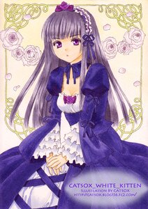 Rating: Safe Score: 0 Tags: 1girl dress expressionless flower frills gothic_lolita hands_clasped image lolita_fashion long_hair long_sleeves own_hands_together pink_flower purple_eyes purple_hair ribbon rose solo suigintou traditional_media User: admin