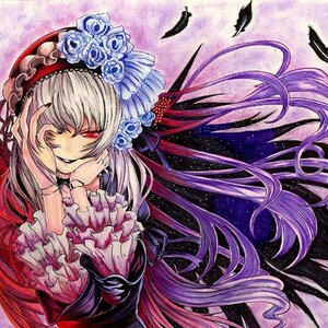 Rating: Safe Score: 0 Tags: 1girl bird blue_flower blue_rose dress feathers flower frills hairband hands_on_own_cheeks hands_on_own_face image long_hair red_eyes rose smile solo suigintou traditional_media very_long_hair User: admin