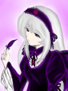 Rating: Safe Score: 0 Tags: 1girl blurry depth_of_field dress flower frills hairband image juliet_sleeves long_sleeves rose silver_hair solo suigintou User: admin