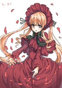 Rating: Safe Score: 0 Tags: 1girl blonde_hair blue_eyes blush bonnet bow bowtie capelet dress flower image long_hair long_sleeves looking_at_viewer open_mouth petals red_dress rose rose_petals shinku solo twintails very_long_hair white_background User: admin