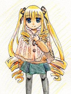 Rating: Safe Score: 0 Tags: 1girl black_legwear blonde_hair blue_eyes drill_hair hair_ribbon image long_hair long_sleeves looking_at_viewer pantyhose ribbon ringlets shinku skirt smile solo standing traditional_media twin_drills very_long_hair watercolor_(medium) User: admin