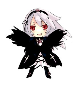 Rating: Safe Score: 0 Tags: 1girl :d bangs black_wings blush chibi dress flower full_body hairband image long_sleeves looking_at_viewer open_mouth red_eyes rose silver_hair simple_background smile solo standing striped suigintou white_background wings User: admin