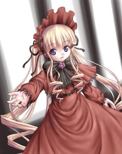 Rating: Safe Score: 0 Tags: 1girl blonde_hair blue_eyes bonnet bow bowtie capelet dress drill_hair flower image long_hair long_sleeves looking_at_viewer pink_rose red_dress rose shinku solo twintails very_long_hair User: admin