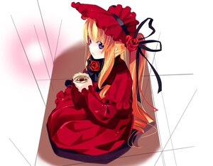 Rating: Safe Score: 0 Tags: 1girl blonde_hair bonnet bow capelet cup doll dress flower food holding_cup image kabocha_(monkey4) long_hair long_sleeves red_dress red_flower red_rose rose rozen_maiden shinku sitting solo tea teacup twintails very_long_hair User: admin