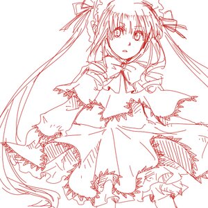 Rating: Safe Score: 0 Tags: 1girl bow dress image long_hair long_sleeves looking_at_viewer monochrome ribbon shinku sketch solo twintails User: admin