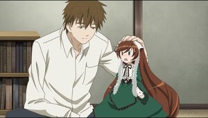 Rating: Safe Score: 0 Tags: 1boy 1girl blush brown_hair dress green_dress green_eyes hand_on_another's_head image letterboxed long_hair long_sleeves open_mouth ribbon smile solo suiseiseki very_long_hair white_shirt User: admin