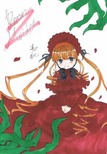 Rating: Safe Score: 0 Tags: 1girl blonde_hair blue_eyes blush bonnet bow bowtie dress drill_hair flower image long_hair long_sleeves looking_at_viewer petals red_dress rose_petals shinku solo traditional_media twintails very_long_hair white_background User: admin