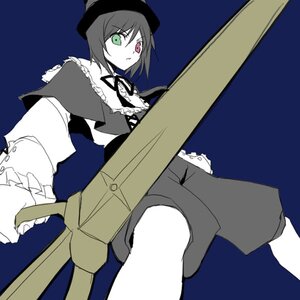 Rating: Safe Score: 0 Tags: 1girl blue_background dress frills green_eyes hat heterochromia image long_sleeves looking_at_viewer red_eyes ribbon short_hair simple_background solo souseiseki weapon User: admin