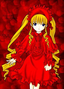 Rating: Safe Score: 0 Tags: 1girl blonde_hair blue_eyes bonnet bow bowtie capelet cowboy_shot dress drill_hair expressionless floral_background flower frills image long_hair long_sleeves looking_at_viewer red_capelet red_dress red_flower red_rose red_theme rose shinku solo twintails User: admin
