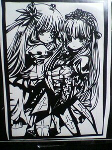 Rating: Safe Score: 0 Tags: 2girls barasuishou blush border dress hair_ornament hair_ribbon image long_hair long_sleeves looking_at_viewer monochrome multiple_girls pair ribbon shikishi star_(symbol) suigintou traditional_media User: admin