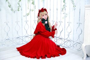 Rating: Safe Score: 0 Tags: 1girl bangs blonde_hair blue_eyes bonnet bow capelet curtains dress flower long_hair long_sleeves looking_at_viewer red_capelet red_dress ribbon shinku solo water_drop window User: admin