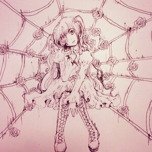 Rating: Questionable Score: 0 Tags: 1girl boots cross-laced_footwear dress flower image kirakishou long_hair monochrome pink_rose rose solo thighhighs thorns vines User: admin