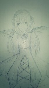 Rating: Safe Score: 0 Tags: 1girl bangs closed_mouth dress eyebrows_visible_through_hair hairband image long_hair looking_at_viewer monochrome ribbon sketch sleeveless sleeveless_dress solo standing suigintou traditional_media wings User: admin