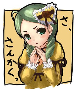 Rating: Safe Score: 0 Tags: 1girl :o ahoge blush dress drill_hair flower frills green_eyes green_hair hair_ornament image juliet_sleeves kanaria long_sleeves looking_at_viewer own_hands_together puffy_sleeves ribbon rose simple_background solo twin_drills upper_body yellow_background User: admin