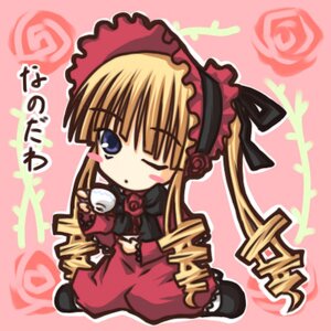 Rating: Safe Score: 0 Tags: 1girl blonde_hair blue_eyes blush blush_stickers bonnet bow chibi dress drill_hair flower full_body image long_hair long_sleeves one_eye_closed pink_background pink_flower pink_rose red_flower red_rose rose shinku simple_background sitting solo twintails User: admin