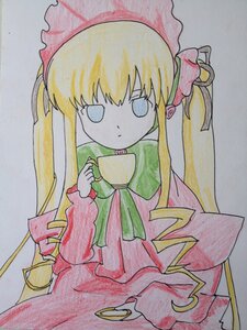 Rating: Safe Score: 0 Tags: 1girl bangs blonde_hair blue_eyes bow colored_pencil_(medium) cup dress expressionless holding holding_cup image long_hair long_sleeves looking_at_viewer marker_(medium) millipen_(medium) no_nose photo pink_dress shinku simple_background solo teacup traditional_media very_long_hair watercolor_(medium) User: admin