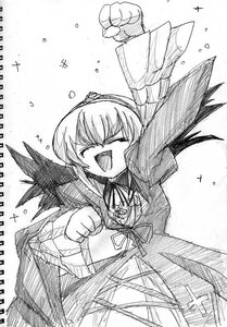 Rating: Safe Score: 0 Tags: 1girl :d clenched_hands closed_eyes dress greyscale hairband image long_hair long_sleeves monochrome open_mouth ribbon smile solo suigintou traditional_media wings User: admin