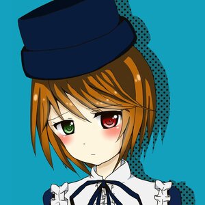 Rating: Safe Score: 0 Tags: 1girl black_ribbon blue_background blush brown_hair closed_mouth frills green_eyes hat heterochromia image looking_at_viewer neck_ribbon polka_dot red_eyes ribbon short_hair simple_background solo souseiseki upper_body User: admin